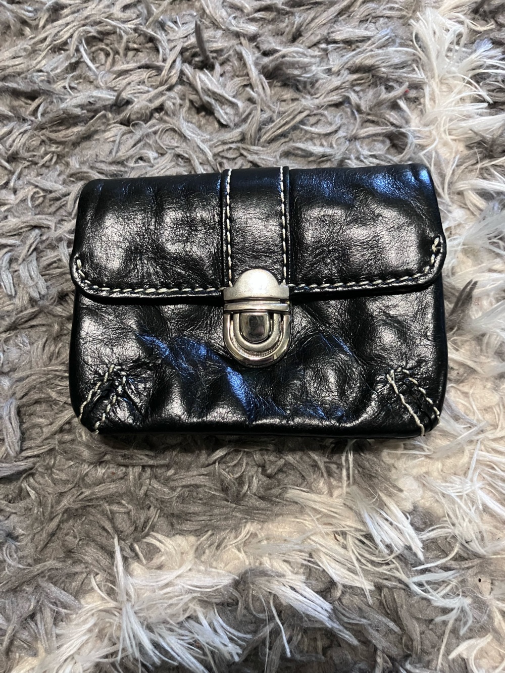Black Leather Compact Women's card holder with Silver push Lock